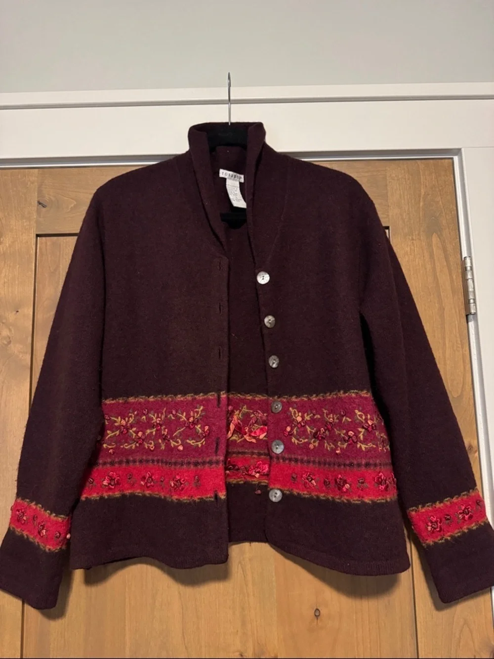 Vintage floral Lambswool cardigan Womens L satin bow flowers Cottagecore country - Picture 2 of 12